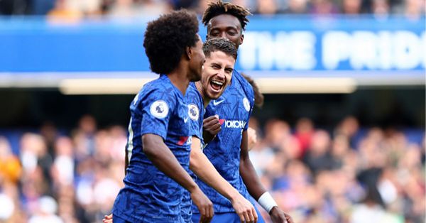 orginho of Chelsea celebrates after scoring his team's first goal during the Premier League match between Chelsea FC and Brighton & Hove Albion at Stamford Bridge on September 28, 2019 in London, United Kingdom. PHOTO/ GETTY IMAGES