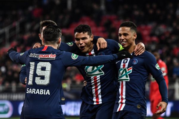 Paris Saint-Germain's Brazilian defender Thiago Silva (2nd-R) celebrates after scoring a goal during the French Cup quarter final football match Dijon (DFCO) vs Paris Saint-Germain (PSG) on February 12, 2020 at the Gaston Gerard stadium in Dijon. PHOTO | AFP