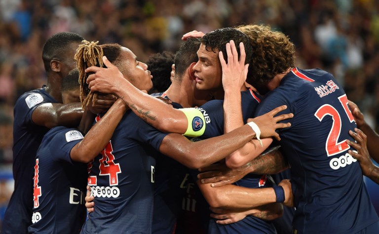 Paris Saint-Germain's players celebrate after a goal during the French Trophy of Champions (Trophee des Champions) football match between Monaco (ASM) and Paris Saint-Germain (PSG) on August 4, 2018 in Shenzhen. PHOTO/AFP