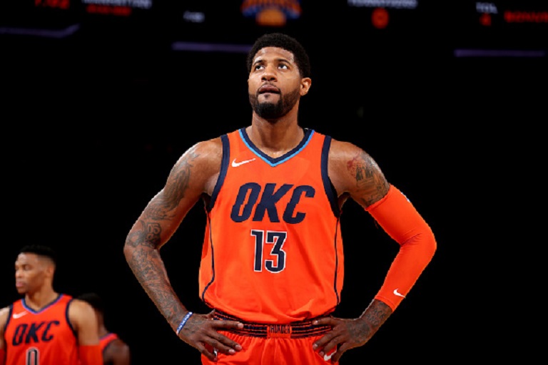 Paul George #13 of the Oklahoma City Thunder looks on against the New York Knicks on January 21, 2019 at Madison Square Garden in New York City, New York.  PHOTO/GettyImages