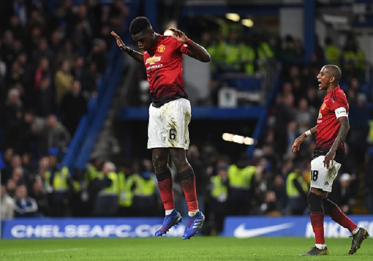 Paul Pogba of Manchester United celebrates as he scores his team's second goal during the FA Cup Fifth Round match between Chelsea and Manchester United at Stamford Bridge on February 18, 2019 in London, United Kingdom. PHOTO/GettyImages