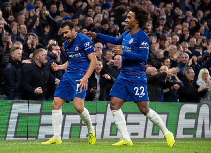 Pedro of Chelsea celebrates his goal with Willian during the Premier League match between Chelsea FC and Newcastle United FC at Stamford Bridge on January 12, 2019 in London, United Kingdom. PHOTO/GettyImages