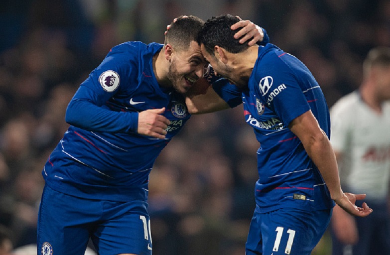 Pedro of Chelsea celebrates with Eden Hazard after scoring during the Premier League match between Chelsea FC and Tottenham Hotspur at Stamford Bridge on February 27, 2019 in London, United Kingdom. PHOTO/GettyImages