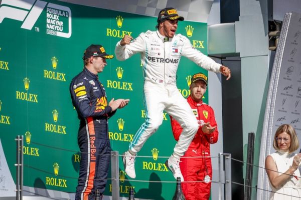 Podium: VERSTAPPEN Max (ned), Aston Martin Red Bull Racing Honda RB15, HAMILTON Lewis (gbr), Mercedes AMG F1 GP W10 Hybrid EQ Power+, VETTEL Sebastian (ger), Scuderia Ferrari SF90, portrait during the 2019 Formula One World Championship, Grand Prix of Hungary from august 1 to 4, Hungaroring, Budapest. PHOTO | AFP