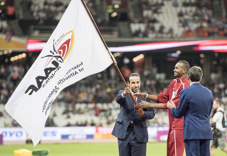 Qatar 2019 IAAF World Championships, Vice-President, Thani Abdulrahman Al Kuwari star athlete Mutaz Essa Barshim and IAAF President Sebastian Coe (right). PHOTO/AFP