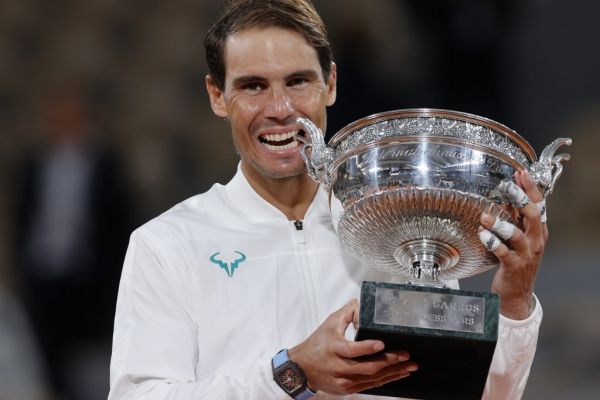 RAFAEL NADAL (ESP) won his 100 th match and his 13 th Roland Garros, celebration with the trophy during the Roland Garros 2020, Grand Slam tennis tournament, women single final, on October 9, 2020 at Roland Garros stadium in Paris, France. PHOTO | AFP