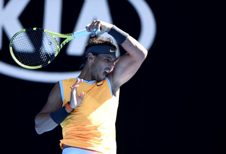 Rafael Nadal of Spain in action against Tomas Berdych (not seen) of Czech Republic during Australian Open 2019 Men's Singles match in Melbourne, Australia on January 20, 2019. Nadal won the match with 3-0. PHOTO/AFP