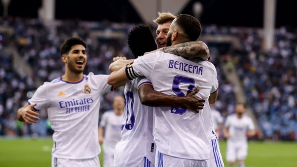 Real Madrid players celebrate in the Spanish Super Cup semi against Barcelona. PHOTO | Twitter
