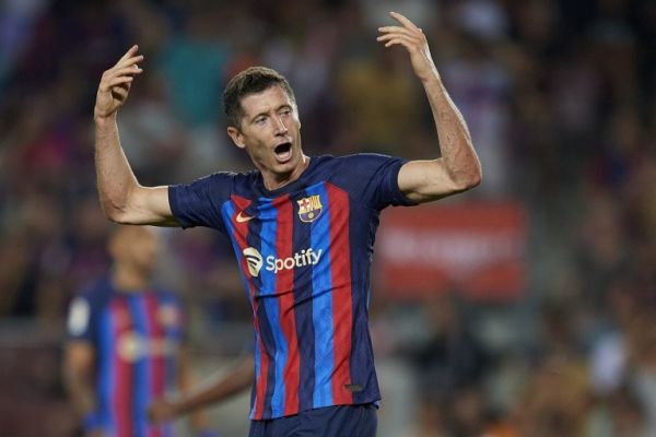 Robert Lewandowski of Barcelona reacts during the La Liga Santander match between FC Barcelona and Rayo Vallecano at Spotify Camp Nou on August 13, 2022 in Barcelona, Spain. PHOTO | AFP