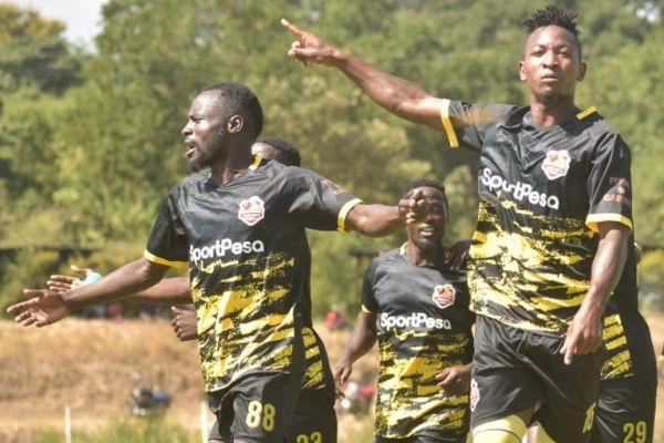 Robert Mudenyu celebrates after scoring the winning goal against Bidco United. PHOTO| Murang'a Seal