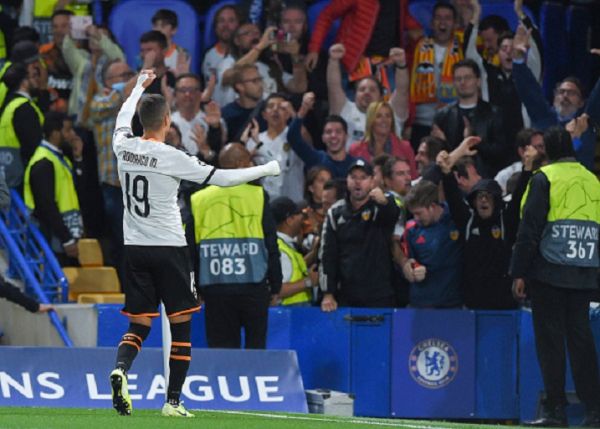 Rodrigo Moreno of FC Valencia celebrates his goal during the UEFA Champions League group H match between Chelsea FC and Valencia CF at Stamford Bridge on September 17, 2019 in London, United Kingdom. PHOTO/ GETTY IMAGES