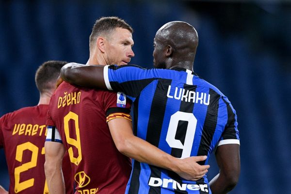 Romelu Lukaku of FC Internazionale talks with Edin Dzeko of AS Roma during the Serie A match between Roma and FC Internazionale at Stadio Olimpico, Rome, Italy on 19 July 2020. PHOTO | AFP