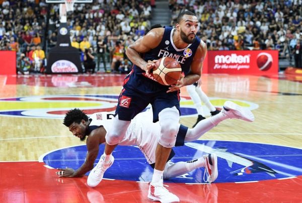Rudy Gobert (front) of France competes during the quarter-final match between the United States and France at the 2019 FIBA World Cup in Dongguan, south China's Guangdong Province, Sept. 11, 2019. PHOTO | AFP
