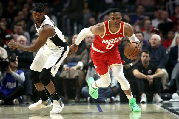 Russell Westbrook #0 of the Houston Rockets steals the ball from Maurice Harkless #8 of the Los Angeles Clippers during the first half of a game at Staples Center on November 22, 2019 in Los Angeles, California. PHOTO | AFP
