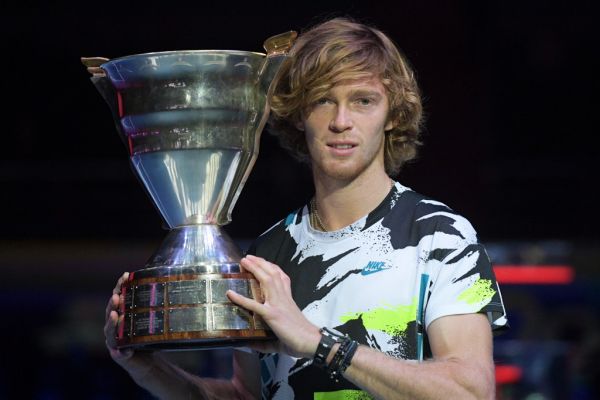 Russia's Andrey Rublev poses with the trophy during the awarding ceremony after winning the singles final tennis match against Croatia's Borna Coric at the St. Petersburg Open 2020 in St. Petersburg, Russia. PHOTO | AFP