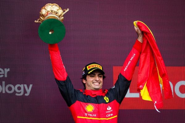 SAINZ Carlos (spa), Scuderia Ferrari F1-75, portrait podium during the Formula 1 Lenovo British Grand Prix 2022, 10th round of the 2022 FIA Formula One World Championship, on the Silverstone Circuit, from July 1 to 3, 2022 in Silverstone, United Kingdom. PHOTO | AFP