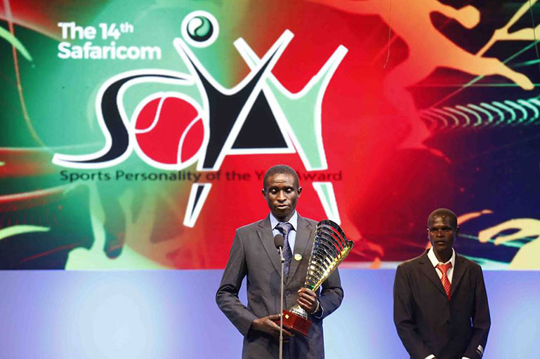 Samuel Muchai when he was crowned the 2017 Safaricom Sports Personality of the Year Awards (Soya) winner in Nairobi on January 18, 2018.PHOTO/SPN