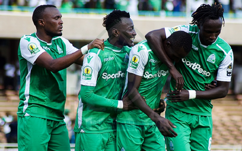 Samuel Onyango (second right) is congratulated by teammates after scoring for SPL champions Gor Mahia FC against Lobi Stars FC of Nigeria during their CAF Champions League first round opening fixture at the MISC, Kasarani on December 16, 2017. Gor won 3-1. PHOTO/Gor Mahia FC