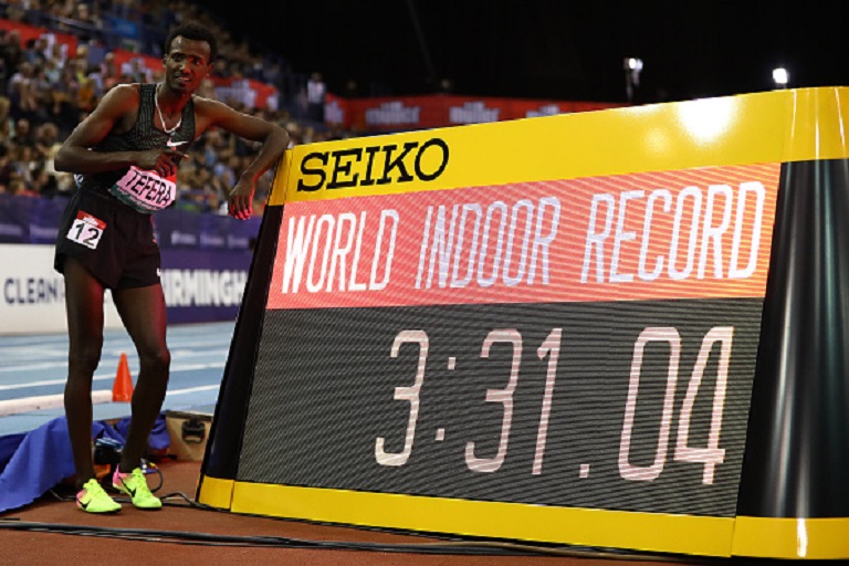 Samuel Tefera of Ethiopia sets a new indoor world record in the men's 1500m during the Muller Indoor Grand Prix IAAF World Indoor Tour event at Arena Birmingham on February 16, 2019 in Birmingham, England. PHOTO/GettyImages