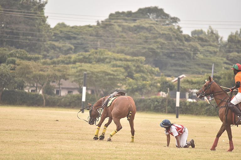 Samurai hitter, Hiromi Nzomo, lies on the ground after being thrown off her pony, Baronessa, during the 2018 Mugs Mug Polo Tournament at Nairobi Polo Club in Jamhuri on Saturday, July 21, 2018. The horse later died from its injuries. PHOTO/SPN