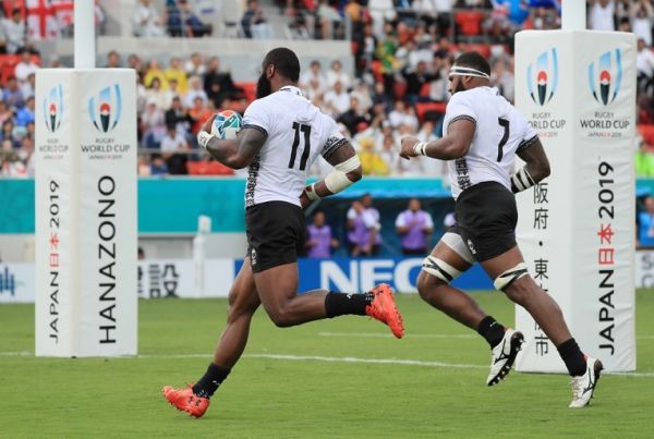 Semi Radradra of Fiji tries in the second half of the Rugby World Cup Pool D match against Georgia at Hanazono Rugby Stadium in Higashiosaka City, Osaka Prefecture on October 3, 2019. ( The Yomiuri Shimbun ) PHOTO | AFP