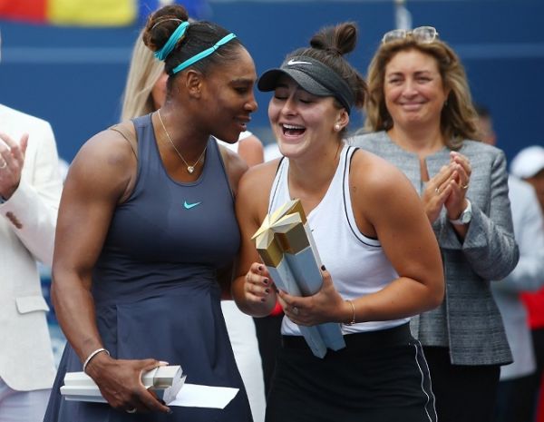 Serena Williams of the United States speaks with Bianca Andreescu of Canada following her withdrawal from the final match due to a back injury on Day 9 of the Rogers Cup at Aviva Centre on August 11, 2019 in Toronto, Canada. PHOTO | AFP