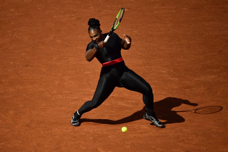 Serena Williams of the US plays a forehand return to Czech Republic's Kristyna Pliskova during their women's singles first round match on day three of The Roland Garros 2018 French Open tennis tournament in Paris on May 29, 2018. PHOTO/AFP