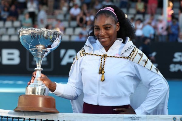 Serena Williams of the US poses with her trophy after winning against Jessica Pegula of the US during their women's singles final match during the Auckland Classic tennis tournament in Auckland on January 12, 2020. PHOTO | AFP