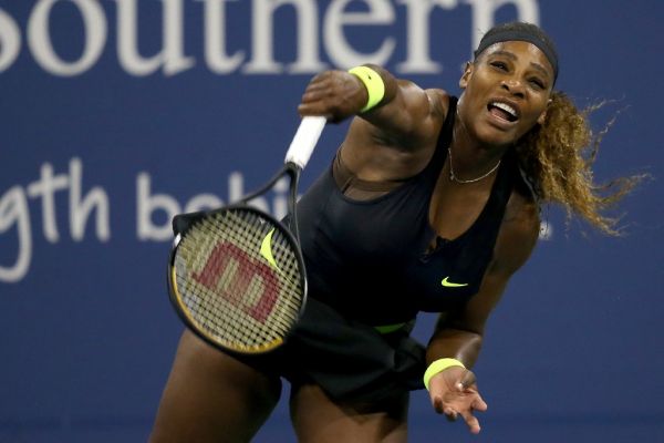 Serena Williams serves to Maria Sakkari of Greece during the Western & Southern Open at the USTA Billie Jean King National Tennis Center on August 25, 2020 in the Queens borough of New York City. PHOTO | AFP