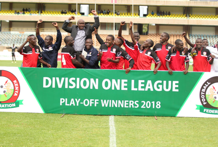 Shabana FC players and staff celebrate winning promotion back to the National Super League on Sunday, October 28, 2018 following their 7-6 victory on post-match penalties against Mwatate FC at the Moi International Sports Centre, Kasarani. PHOTO/FKF