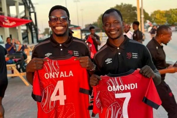 Shujaa co-captains Vincent Onyala(left) and Tony Omondi(right) posing for a photo. PHOTO/Kenya sevens