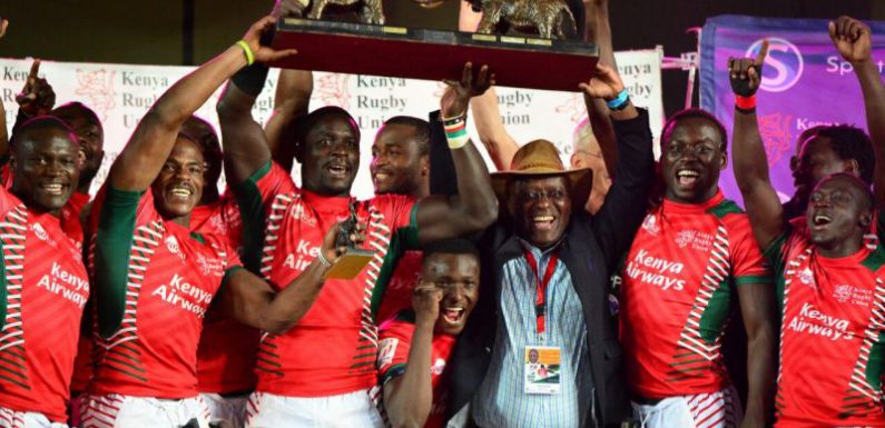 Shujaa players lifts the trophy in a past Safari Sevens Championships. PHOTO/KRU 