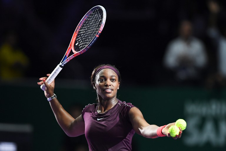 Sloane Stephens of the US celebrates after defeating Germany's Angelique Kerber during their singles match at the WTA Finals tennis tournament in Singapore on October 26, 2018. PHOTO/AFP