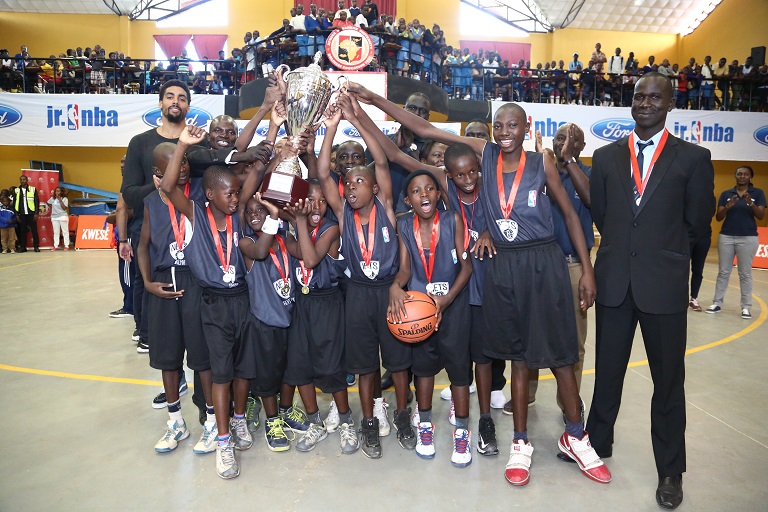 Slum Dunk Nets from Mathare celebrate after winning the inaugural Junior NBA Kenya League finals at the African Nazarene University in 2017.PHOTO/SPN