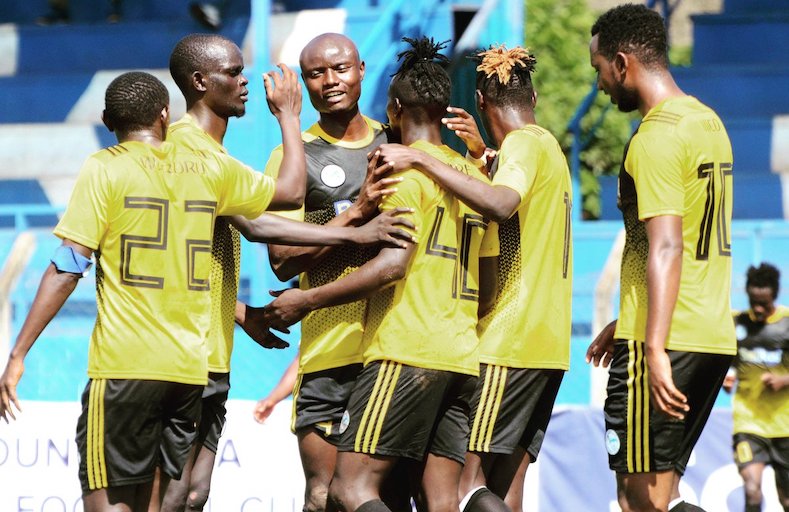 Sofapaka FC players celebrate scoring against Mount Kenya United FC in their SportPesa Premier League clash at the Kenyatta Stadium, Machakos on Sunday, December 9, 2017. PHOTO/Sofapaka FC