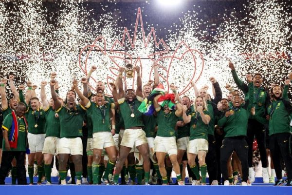 South Africa lift the 2023 Rugby World Cup Trophy. PHOTO| Springboks