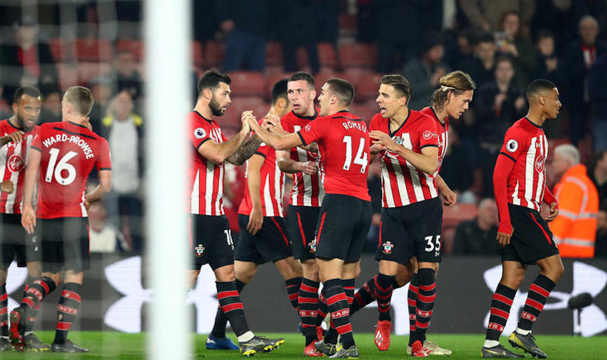 Southampton FC players celebrate their first goal against Fulham at St. Mary's Stadium on February 27, 2019. PHOTO/Southampton FC 