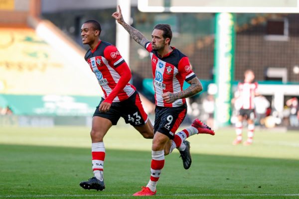 Southampton forward Danny Ings (9) scores a goal and celebrates to make the score 0-1 during the English championship Premier League football match between Norwich City and Southampton on June 19, 2020 at Carrow Road in Norwich, England. PHOTO | AFP