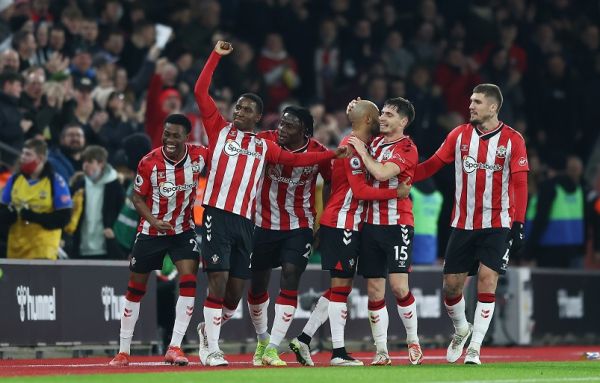 Southampton players celebrate after scoring against Brentford. PHOTO | Twitter