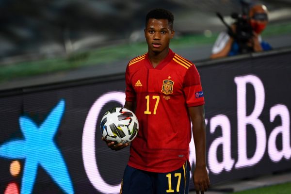 Spain's forward Ansu Fati holds the ball during the UEFA Nations League A group 4 football match between Spain and Ukraine at the Alfredo Di Stefano Stadium in Madrid on September 6, 2020. PHOTO | AFP