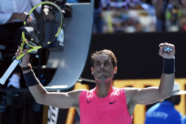Spain's Rafael Nadal celebrates victory against Bolivia's Hugo Dellien during their men's singles match on day two of the Australian Open tennis tournament in Melbourne on January 21, 2020. PHOTO | AFP