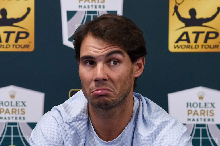 Spain's Rafael Nadal gives a press conference on day three of the ATP World Tour Masters 1000 - Rolex Paris Masters - indoor tennis tournament at The AccorHotels Arena in Paris, on October 31, 2018. Rafael Nadal pulls out of the Paris Masters, he said on October 31, 2018. PHOTO/AFP