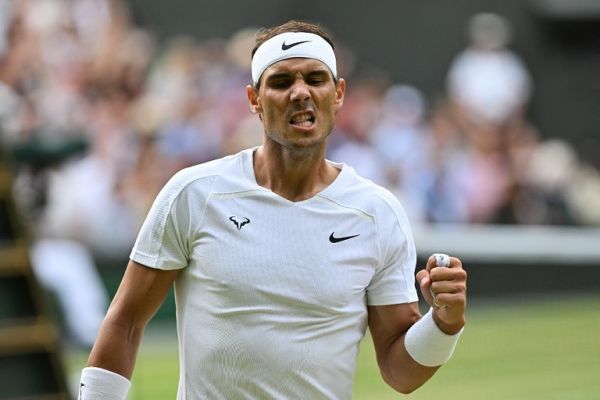 Spain's Rafael Nadal reacts as he plays against US player Taylor Fritz during their men's singles quarter final tennis match on the tenth day of the 2022 Wimbledon Championships at The All England Tennis Club in Wimbledon, southwest London, on July 6, 2022. PHOTO | AFP