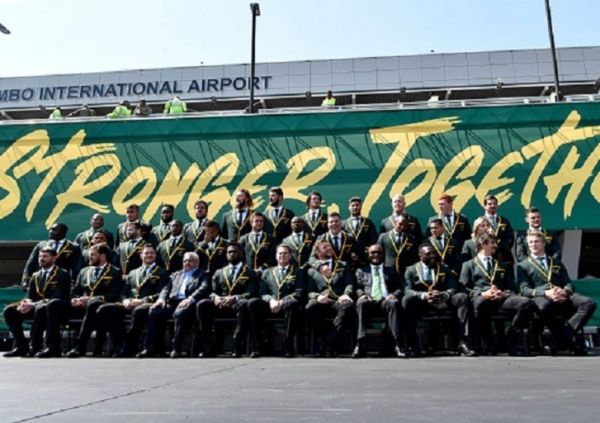 Springbok players pose for a team photo during the South African national men's rugby team official send-off at OR Tambo International Airport on August 30, 2019 in Johannesburg, South Africa. PHOTO/ GETTY IMAGES