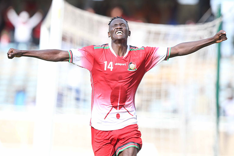 Striker Michael Ogada Olunga celebrates Harambee Stars goal against Ghana on September 8, 2018. PHOTO/File