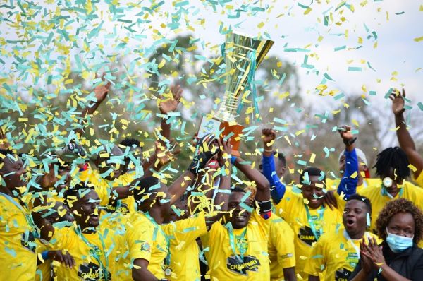 Talanta FC players celebrate after being handed the National Super League trophy at the GEMS school in Nairobi on Sunday, September 5, 2021. PHOTO | Courtesy