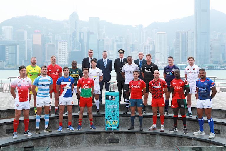 The 16 captains line up for the captain's photo prior to the Cathay Pacific HSBC World Rugby Sevens Series in Hong Kong on 3rd April 2019 (first row left to right: Japan- Dai Ozawa, Argentina- Santiago Alvarez, France- Jean Pascal Barraque, Portugal- Jorge Saldanha Abecasis, Spain- Francisco Hernandez, Wales- Luke Treharne, Kenya- Jeffery Oluoch, Samoa- David Afamasaga. Second row left to right: Australia- Lewis Holland, Canada- Harry Jones, South Africa- Siviwe Soyizwapi, USA- Madison Hughes, Fiji- Paula Dranisinukula, New Zealand- Tim Mikkelson, Scotland-Jamie Farndale, England- Phil Burgess). PHOTO/Mike Lee/KLC fotos for World Rugby