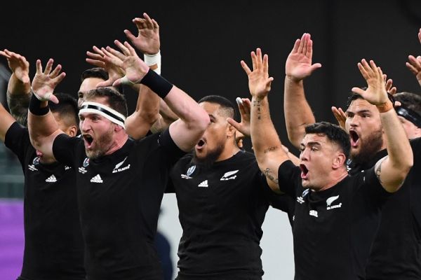 The All Blacks perform the Haka facing their Canadian opponents prior to kick off in the Japan 2019 Rugby World Cup Pool B match between New Zealand and Canada at the Oita Stadium in Oita on October 2, 2019. PHOTO | AFP