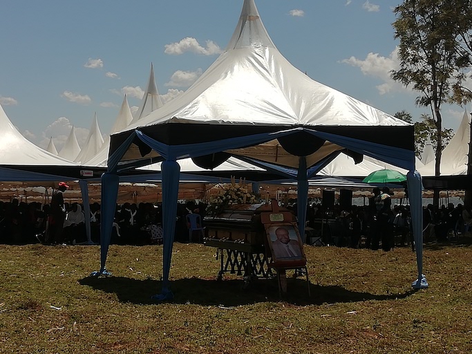 The catafalque of the late Daniel Matasi Rudisha during his funeral at Ol Tank village, Kilgoris on Monday, March 18, 2019. PHOTO/Mutwiri Mutuota