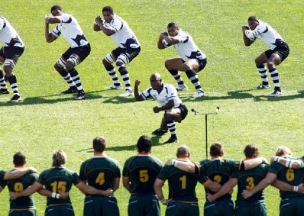 The Fijian rugby union squad perform their Haka before the start of the quarter final Rugby World Cup match between South Africa and Fiji in Marseille 07 October 2007.PHOTO/ AFP